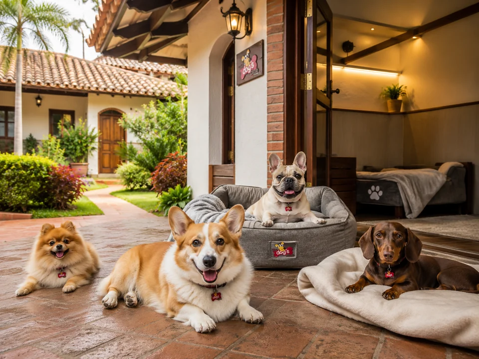 Perros descansando en las habitaciones del hotel canino