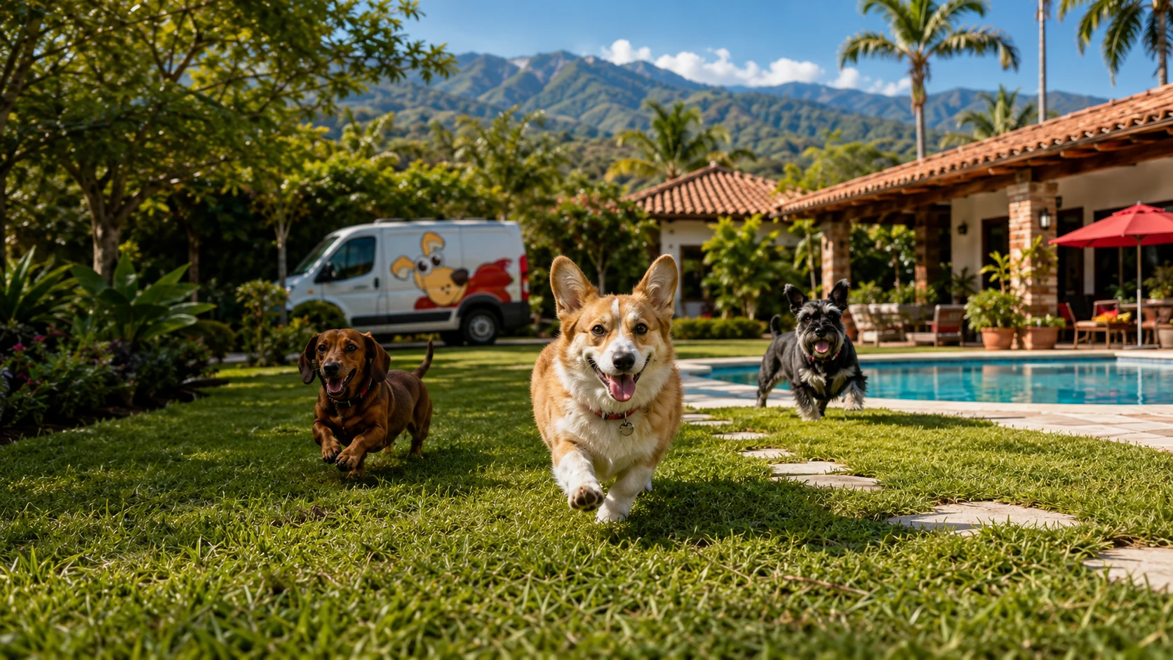 Perros pequeños jugando en el jardín del club