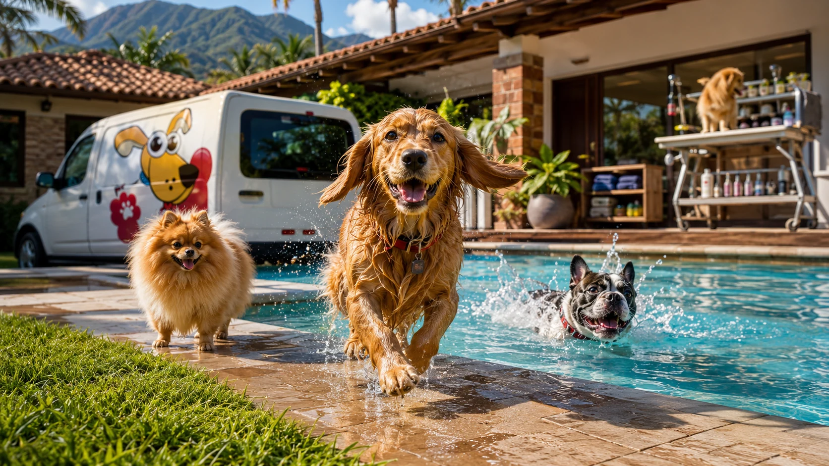 Perros pequeños corriendo junto a la piscina del club