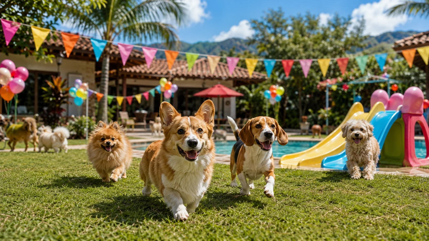 Perros pequeños disfrutando una jornada alegre en el club