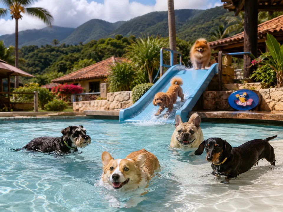 Perros pequeños disfrutando la piscina canina
